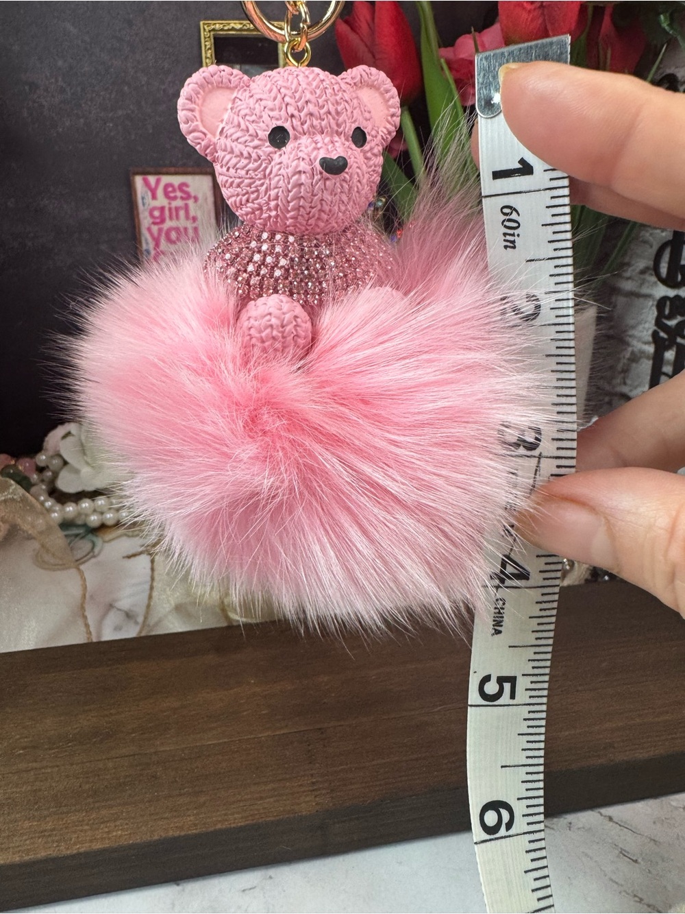 Pink Plush Bear Keychain with Faux Fur Pom Pom - Picture 3 of 4